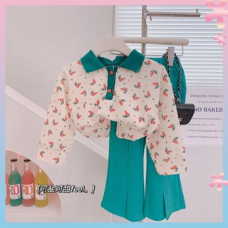 2022 spring new girls retro lapel floral waffle sweater casual split flared pants two-piece suit