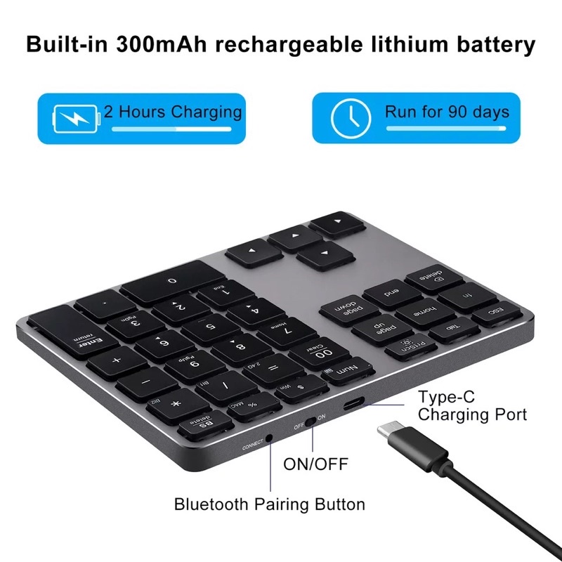 บลูทูธ Pad,ชาร์จแป้นพิมพ์ตัวเลขไร้สาย Dual-Mode อลูมิเนียม USB Numpad สำหรับแล็ปท็อป,แมคBook Pro/Air, แมค