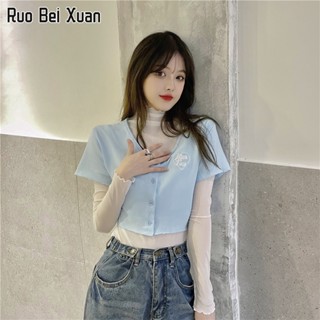 RUO BEI XUAN เสื้อยืดคอกลมแขนสั้นผู้หญิงทูพีซ + แจ็กเก็ตตาข่ายคอวี