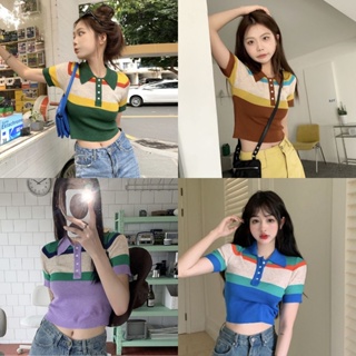 SALABO(พร้อมส่ง)🥨เสื้อไหมพรม คอปกแขนสั้น สีสันสดใส น่ารัก เกาหลี แต่งกระดุมกระได้ 4สีพร้อมส่ง 🥨 #A21