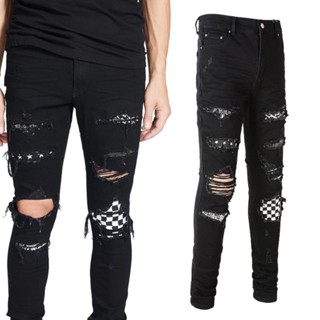 New High Street Fashion Brand AMIRI Ripped Slim Fit Rhinestone Patch Printed Patch Stretch Black Jeans for Men