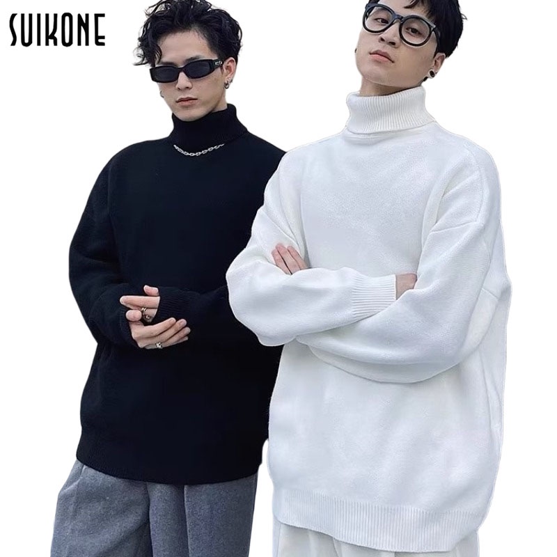 Suikone แฟชั่นผู้ชายเสื้อกันหนาวคอสูงเกาหลีสีทึบยอดนิยมในสไตล์เสื้อกันหนาวหลวมอบอุ่นแบรนด์ยอดนิยม