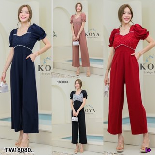 J18080 จั๊มสูทขายาว แขนพอง อกแต่งลูกไม้ Long-sleeve jumpsuit, puff sleeves, lace trim