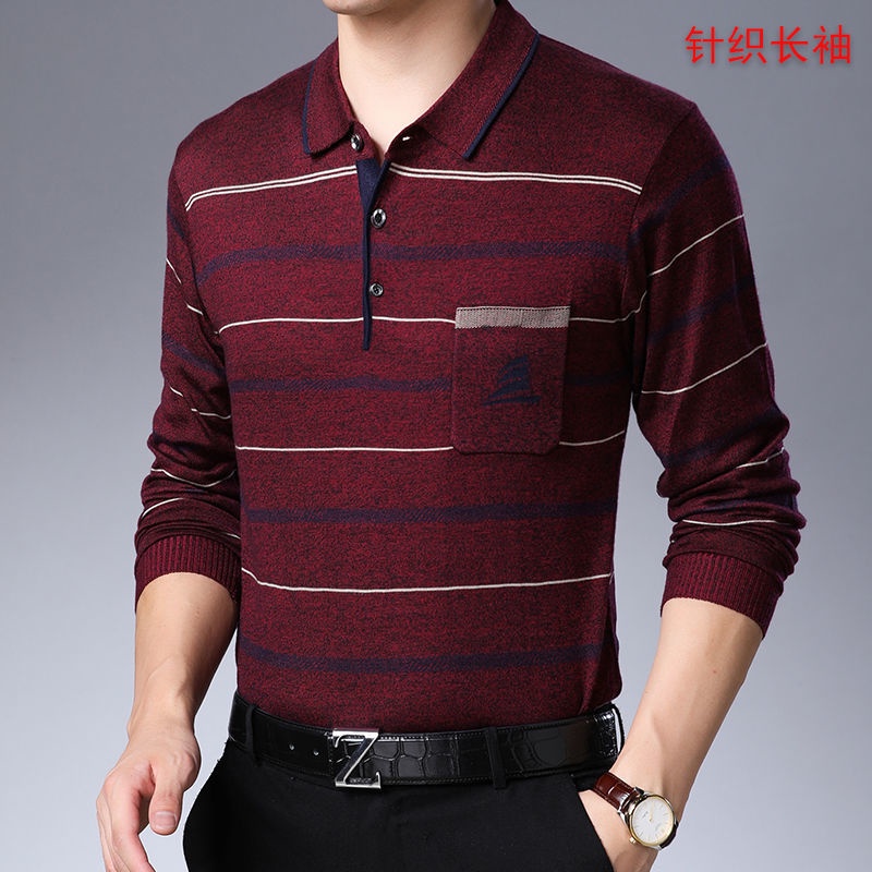 Spot high-quality] pocket striped POLO shirts for men in middle-aged autumn, dads wear long-sleeved t-shirts, men's lapels, Tee loose stripes, middle-aged and elderly thin sweaters, real pocket casual tops for boys. #1