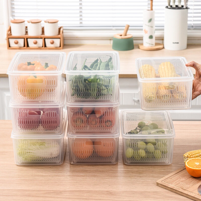 กล่องพลาสติก 2 in 1 กล่องใส่ผัก และผลไม้ มีตะกร้าในตัว กล่องใส่ผักสลัด กล่องใส่ผักในตู้เย็น