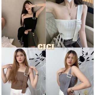 Cici ❣🇹🇭🚚พร้อมส่ง❣(B3073)Knit crop เสื้อครอปเกาะอกดีเทลสายคาดด้านหน้าเริ่ดๆ ผ้าทอร่องสไตล์สาวแซ่บ