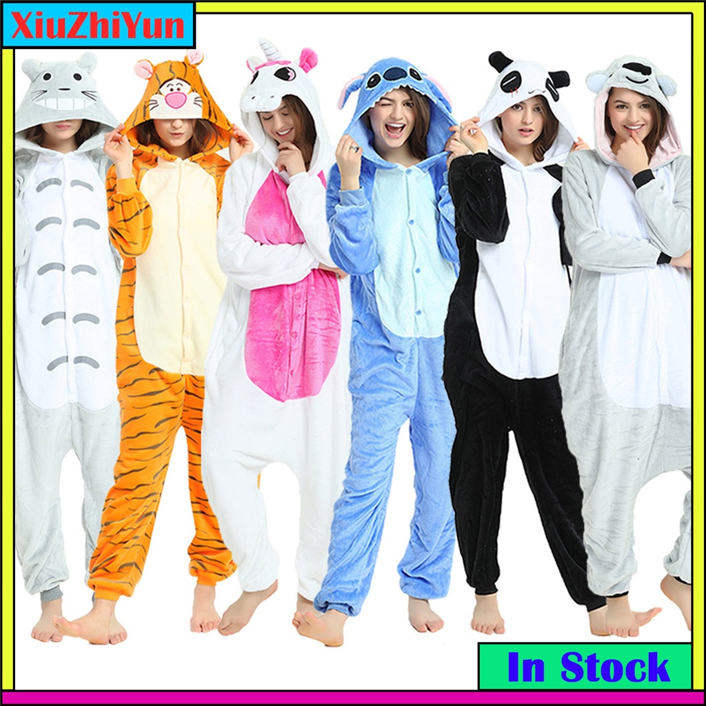 ผู้ใหญ่ Stitch Panda สัตว์ Onesies ฤดูหนาวผู้หญิงชุดนอน Jumpsuit ผู้ชายคู่เครื่องแต่งกายคอสเพลย์ Flannel การ์ตูนชุดนอน