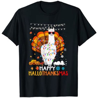 เสื้อยืดสีขาวผู้หญิง ลามะ Gelukkig Hallothanksmas วันฮาโลวีนวันขอบคุณพระเจ้าคริสต์มาสเสื้อยืดคริสต์มาส Kerstmis Tee Tops