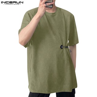 Incerun เสื้อยืดลําลอง คอกลม แขนสั้น ผ้าถัก สีพื้น สําหรับผู้ชาย