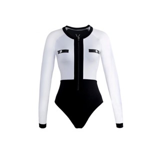 V ACTIVEWEAR B&amp;W BODYSUIT ECO COLLECTION ชุดว่ายน้ำบอดี้สูทแขนยาวสีดำขาว ซับในทั้งตัวมีฟองน้ำในตัว ผ้ากัน UV UPF 50+