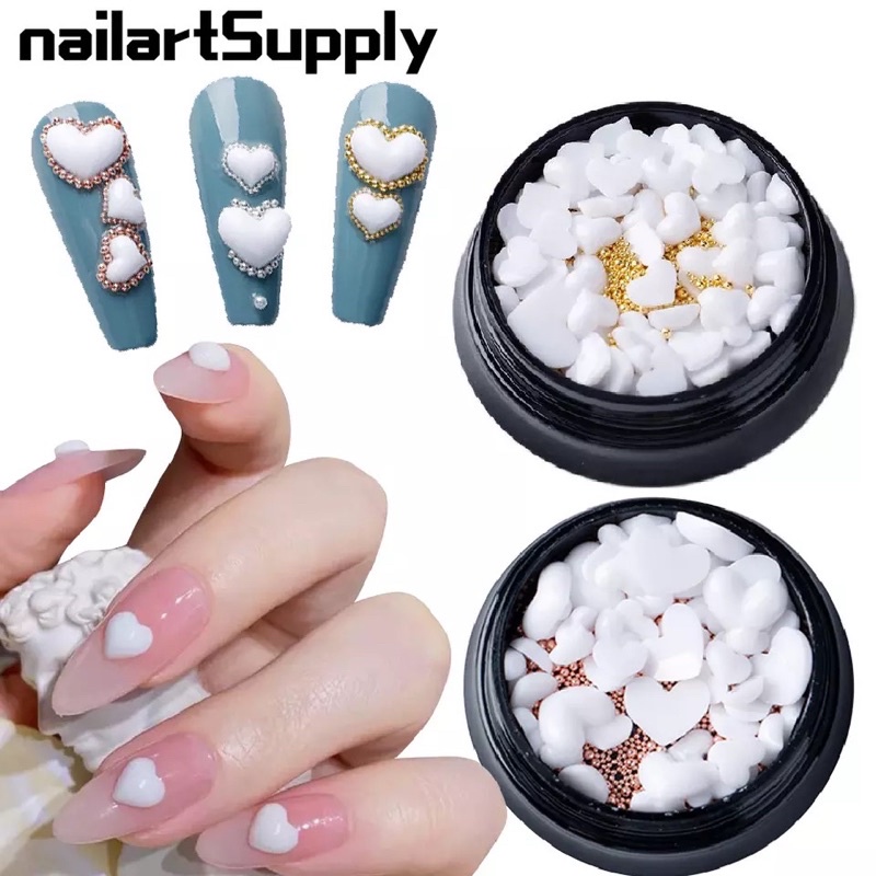 🇹🇭หัวใจแต่งเล็บ หัวใจคาเวียร์ หัวใจสีขาว Love Heart Resin Nail Art Decoration White Loving Stones With Steel Beads