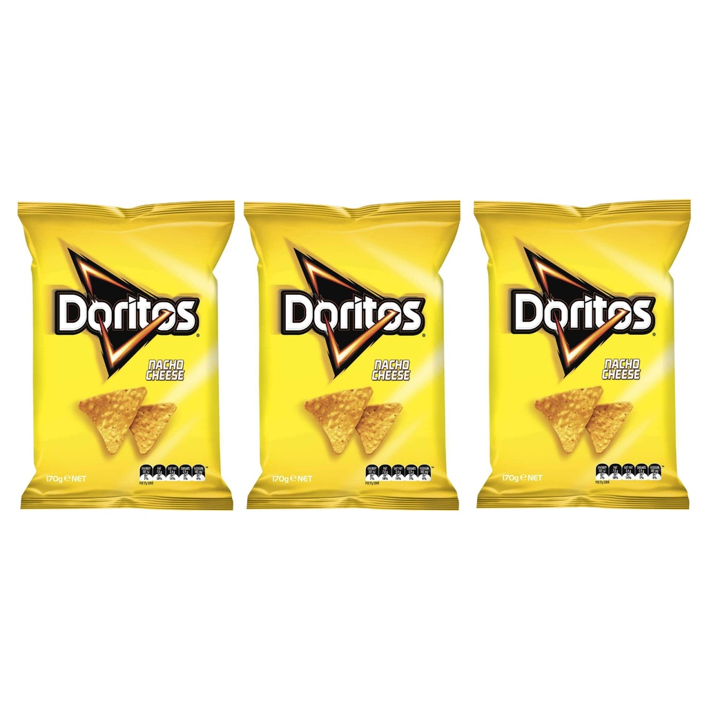 DORITOS แผ่นข้าวโพดอบกรอบ โดริโทส รสเนยแข็ง นาโช ชีส คอร์น ชิพส์ ผลิตในประเทศออสเตรเลีย ชุดละ 3 ซอง 