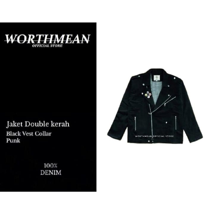Worthmean แจ็คเก็ต DOUBLE COLLAR สีดํา VEST COLLAR PUNK DENIM + 4Pin แจ็คเก็ตผู้ชายแจ็คเก็ตรถจักรยาน