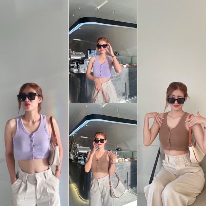 🌷Good​Luck​y🌷เสื้อกล้ามครอป แขนกุดเสื้อสายฝอ♥️♥️♥️ แต่งกระดุมหน้า4เม็ด🌺🌺 ผ้าร่องเนื้อนุ่มมาก ยาหม่อง