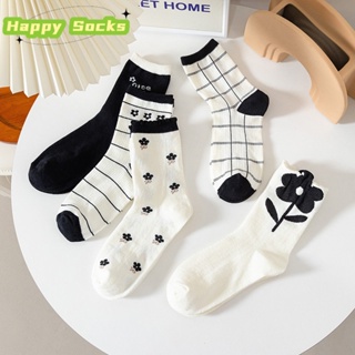 【Happy Socks】ถุงเท้า ผ้าฝ้าย ผ้าตาข่าย ระบายอากาศ ลายดอกไม้ ขนาดใหญ่ สีดํา และสีขาว แฟชั่นฤดูร้อน สําหรับผู้หญิง