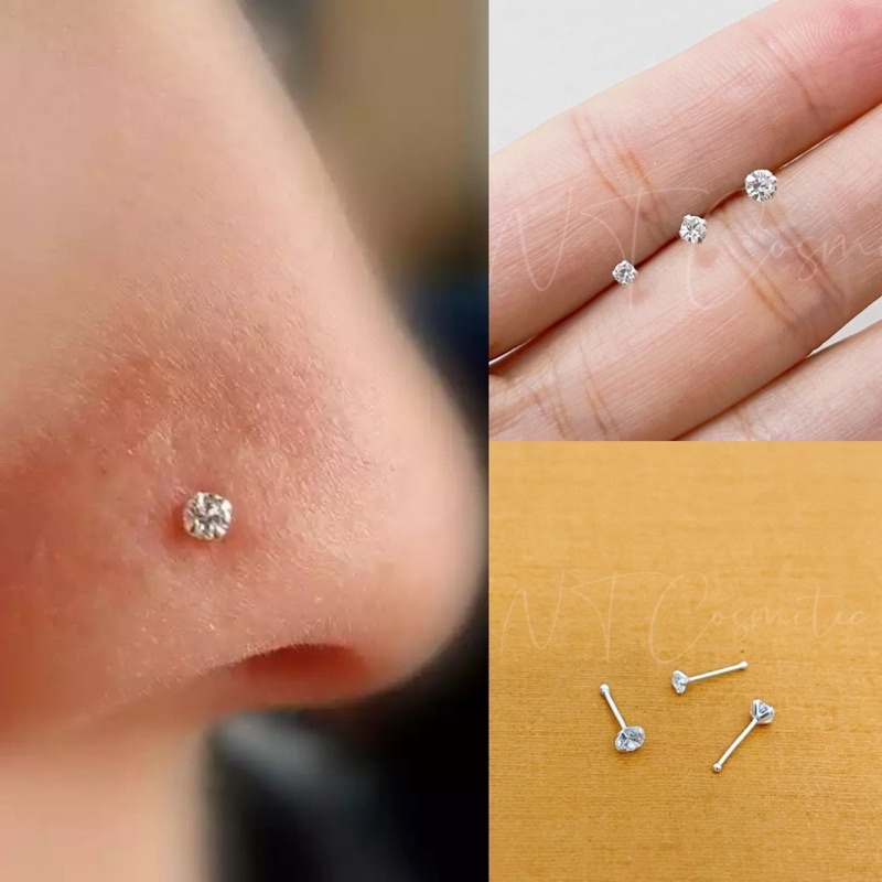 EN02 🌈 (1 ชิ้น)  จิวจมูกเงินแท้ 925 จิวเพชร cz แพ้ง่ายใส่ได้ Nose Stud Silver925