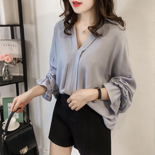 เสื้อเชิ้ต แขนยาว คอวี ผ้าชีฟอง แบบบาง ขนาดใหญ่ สีพื้น สไตล์เกาหลี สําหรับผู้หญิง 2023