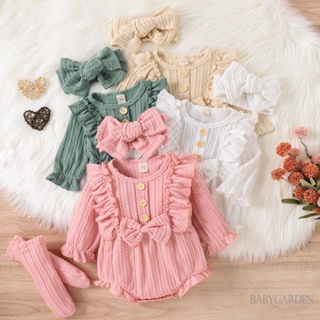 Babygarden-0-12months ชุดรอมเปอร์แขนยาว แต่งกระดุมด้านหน้า และถุงเท้า และที่คาดผม สําหรับเด็กผู้หญิง 3 ชิ้น