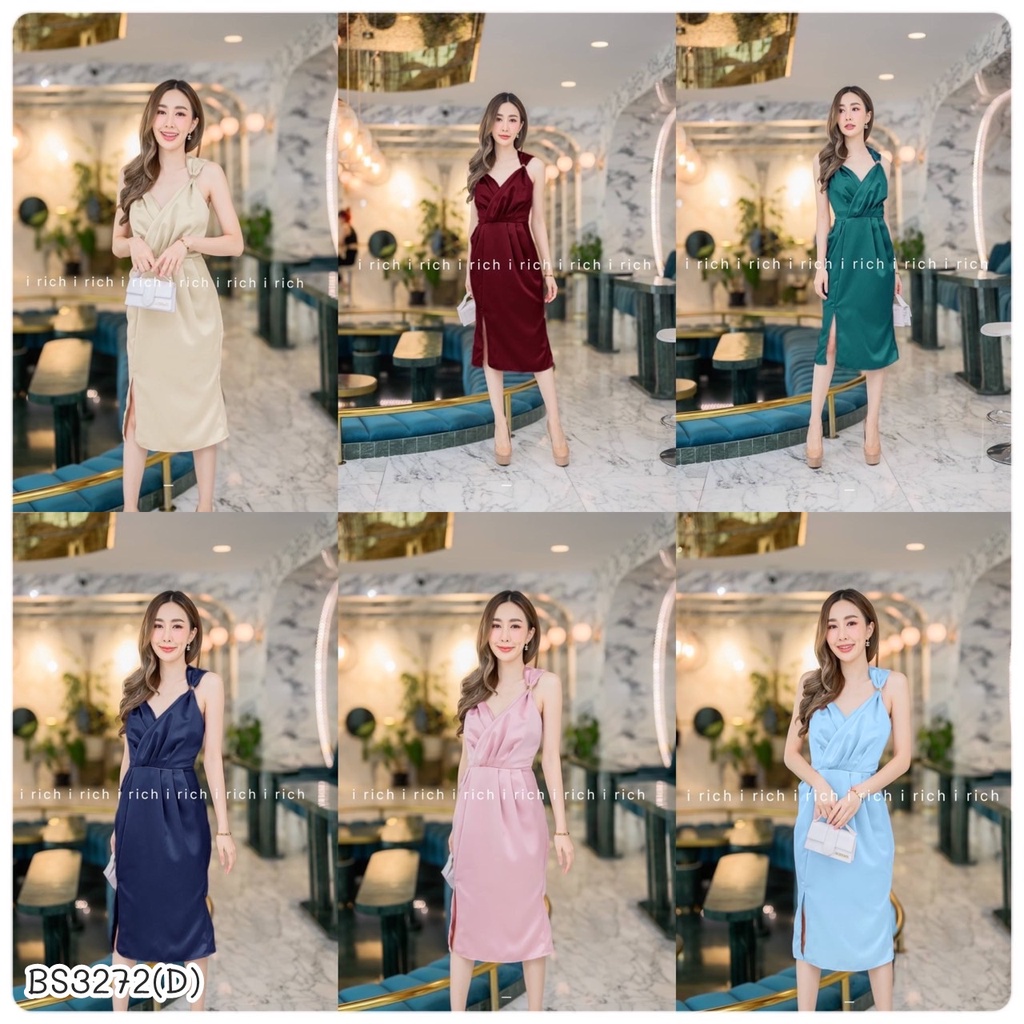 BS3272 เดรสออกงาน ผ้าซาร่าเนื้อเงา แต่งอะไหล่สีทองช่วงไหล งานป้ายหน้า ผ่าหน้า ซิปหลัง หรูหรา