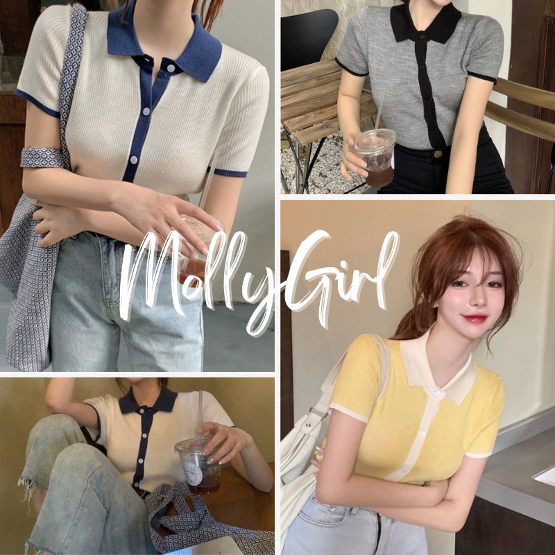Mollygirlเสื้อครอปคอปก มีกระดุมใช้งานได้แมทง่าย ใส่ทำงานได้