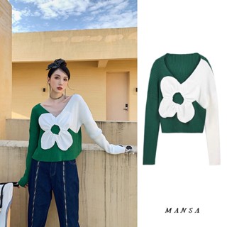 MANSA green floral sweater เสื้อสเวตเตอร์ถัก เสื้อกันหนาวแขนยาว เสื้อโอเวอร์ไซส์