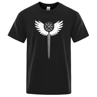 เสื้อยืดลําลอง ผ้าฝ้าย แขนสั้น พิมพ์ลายสัญลักษณ์ Valkyrie Vegvisir Odin Wings Vikings Asgard แฟชั่นฤดูร้อน สําหรับผู้ชาย