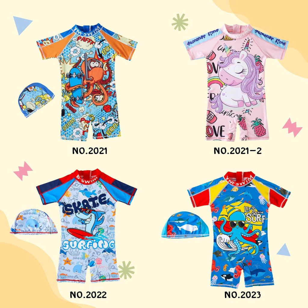 #2021 2022 2023 ชุดว่ายน้ำเด็ก ชุดว่ายน้ำการ์ตูนพร้อมหมวกกันแดด ชุดว่ายน้ำมีซิปหลัง กันยูวี 50+