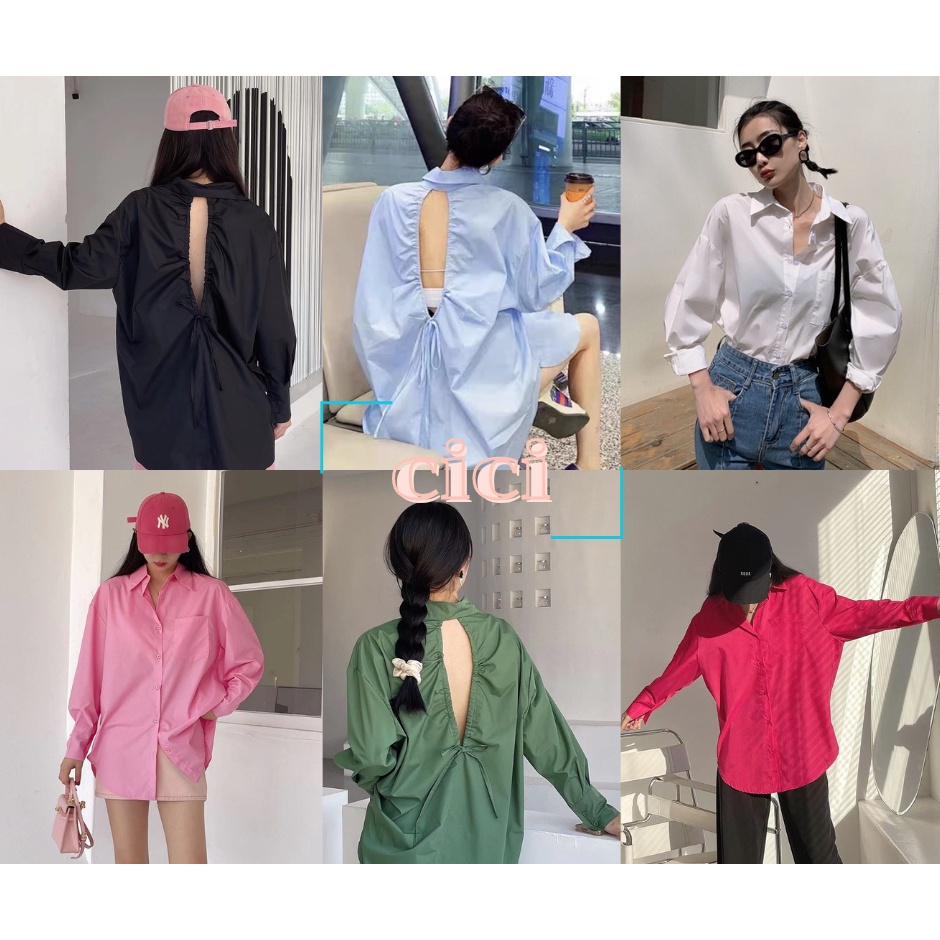 Cici ❣พร้อมส่ง❣(3052)เสื้อเชิ้ตแขนยาว กระดุมหน้าร้าน แต่งเว้าหลัง มีสายดูดหลังได้ ใส่คลุม แมทง่ายเข้าได้กับทุกชุด