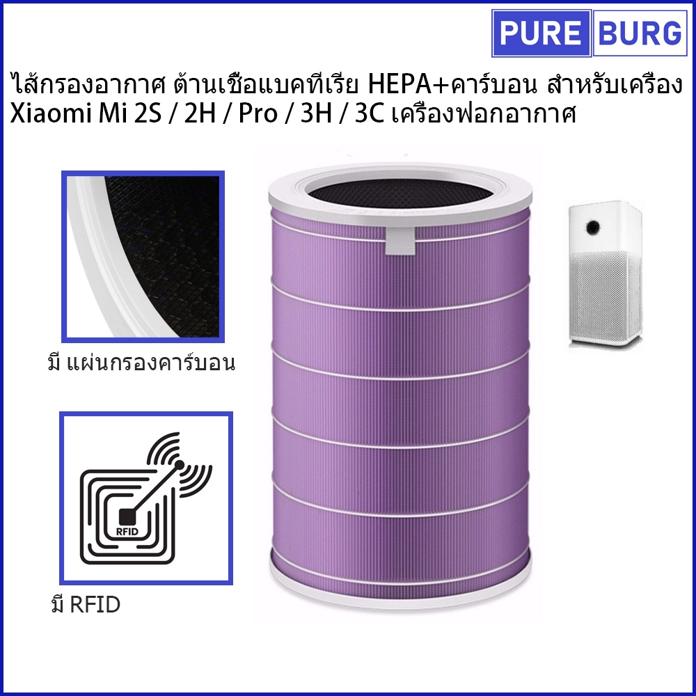 มีRFID Xiaomi Mi 2S / 2H / Pro / 3H / 3C เครื่องฟอกอากาศ ไส้กรองอากาศ ต้านเชื้อแบคทีเรียHEPA+คาร์บอน