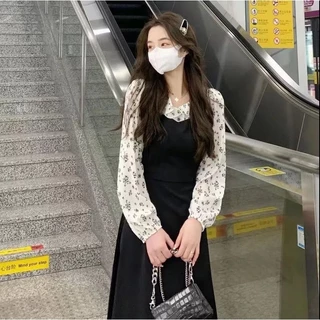 เดรสยาว แขนยาว ลายดอกไม้ สไตล์เกาหลี น่ารักมาก สําหรับผู้หญิง