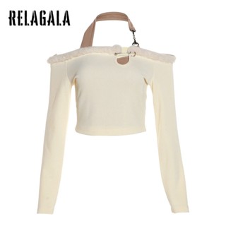 Relagala เสื้อยืดแขนยาว เปิดหลัง เข้ารูป สีพื้น แฟชั่นสําหรับผู้หญิง