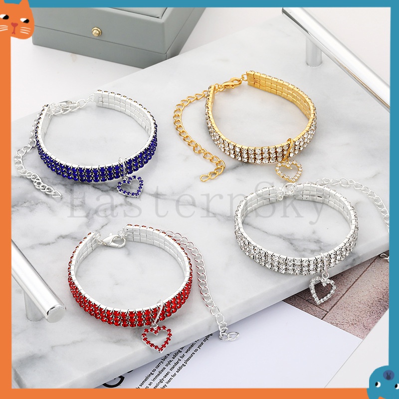 สีรัก พลอยเทียม สร้อยคอสัตว์เลี้ยงสามแถวยืด พลอยเทียม สร้อยคอรักเครื่องประดับสัตว์เลี้ยงแมวและสุนัขอุปกรณ์เสริมคอหัวใจรักจี้