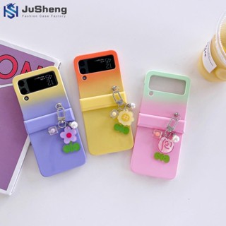 Jusheng เคสโทรศัพท์มือถือ ไล่โทนสี แต่งกลิตเตอร์ ไข่มุก พร้อมจี้ดอกไม้เล็ก 3 สี สําหรับ Samsung Z Flip4 Z Flip3