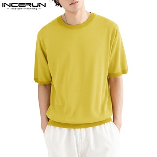 Incerun เสื้อยืดคอกลม แขนห้าส่วน ผ้าถัก สีพื้น เหมาะกับฤดูร้อน สําหรับผู้ชาย