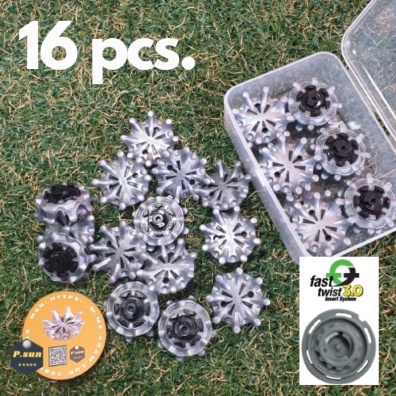 ปุ่มรองเท้ากอล์ฟ 16 pcs. spikes golf cleats fast twist 3.0 & tour lock แบบมีรูเดือย สีเทา