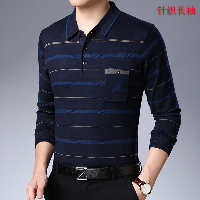 Spot high-quality] pocket striped POLO shirts for men in middle-aged autumn, dads wear long-sleeved t-shirts, men's lapels, Tee loose stripes, middle-aged and elderly thin sweaters, real pocket casual tops for boys. #0