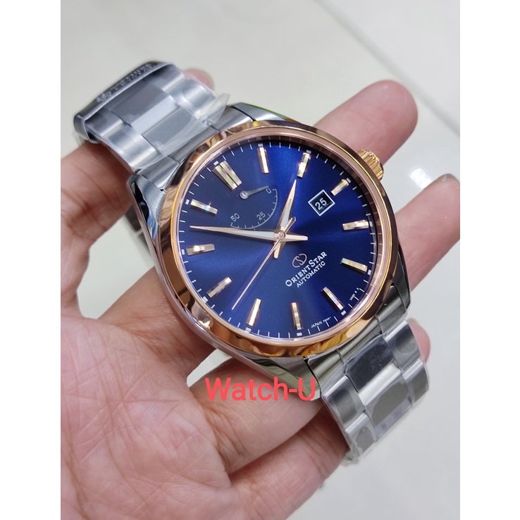 นาฬิกา Orient Star Automatic หน้าปัดน้ำเงินขอบพิงค์โกลด์ รุ่น RE-AU0406L แถมสายหนัง 1 เส้น