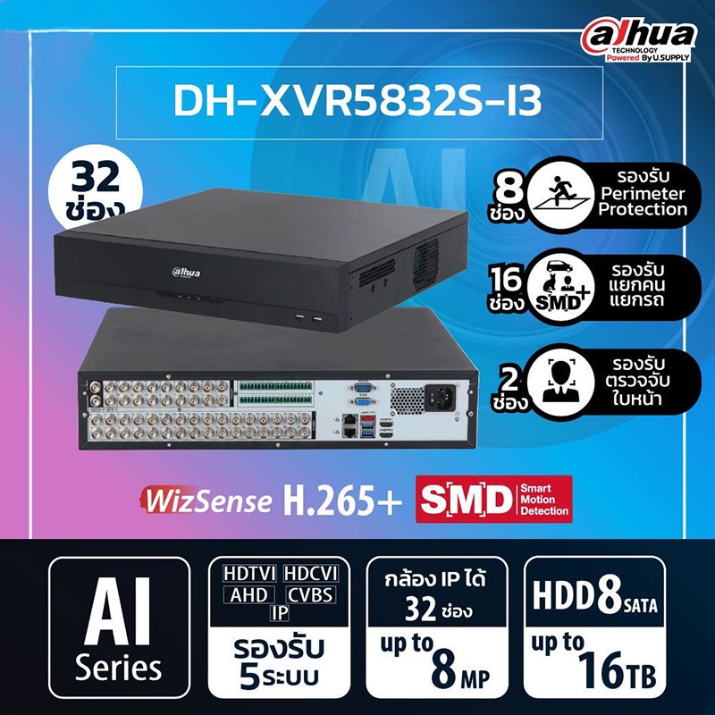 DAHUA เครื่องบันทึก DH-XVR5832S-I3 WizSense 32 Channels Penta-brid 5M-N/1080P 2U 8HDDs
