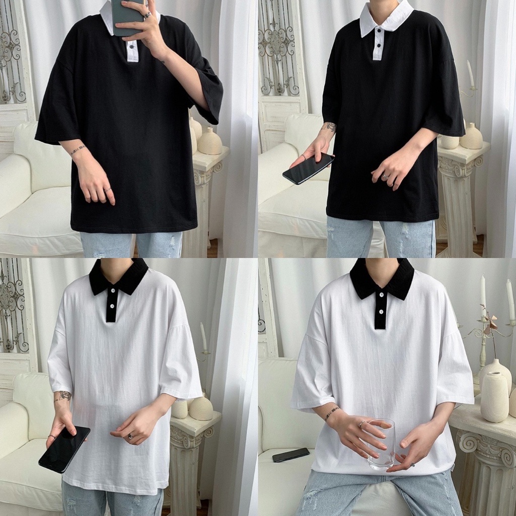 พร้อมส่ง เสื้อคอปกแขนสั้น แถบกลางหนา สีพื้นมินิมอล สไตล์เกาหลี ผ้าดี ใส่สบาย C31
