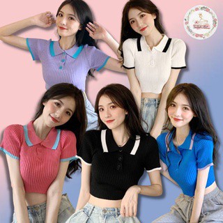 👨‍👨‍👧‍👧Kiddee👩‍❤️‍👩 🌈 เสื้อครอปเเขนสั้นไหมพรม คอปก ( เอวลอย )   #M1