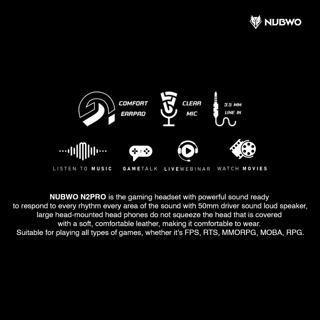 Nubwo N2 Pro Headset Gaming หูฟังเกมมิ่ง หูฟัง Stereo หูฟังคอม มีไฟ LED 7 สี