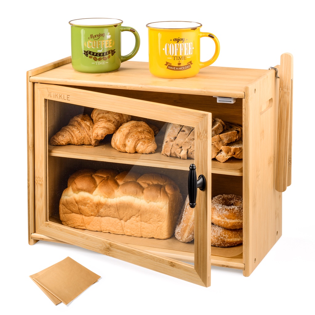 Bamboo Bread Box Multi-functional Double Layer Bread Food Storage Holder BreadBox with Toaster Tong Home Appliance