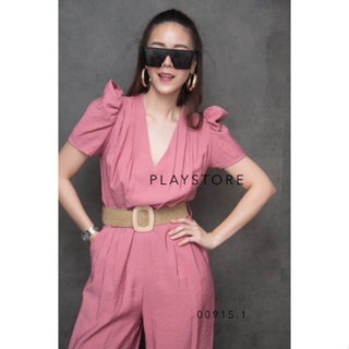 Puff sleeve belted jumpsuit•• ชุดจัมพ์สูทคอวีแขนสั้นขยุ้มไหล่ยก แพทเทิร์นน่ารัก มีกระเป๋าล้วงได้2ข้างลำตัว