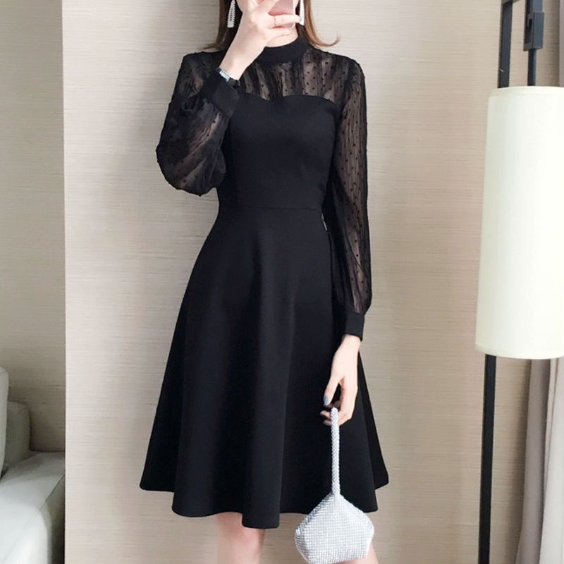 พร้อมส่ง เดรสสีดำแฟชั่นเซ็กซี่เอวแน่นบางแขนยาวลูกไม้เย็บกระโปรงทรงเอสไตล์เกาหลี Dress
