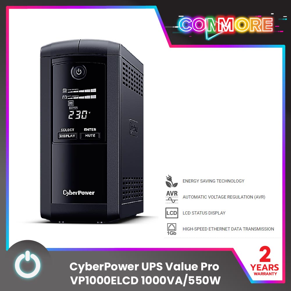 CyberPower UPS Value Pro VP1000ELCD (เครื่องสำรองไฟฟ้า) 1000VA/550W เหมาะสำหรับคอมพิวเตอร์สำนักงาน/ 