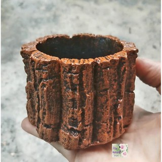 กระถางใส่ต้นไม้ plant cement pot ลายขอนไม้ ทำจากซีเมนต์ 3x3" น้ำตาลแดงส้ม ใช้ได้กับกระถาง 2.5" หรือปลูกในกระะถางเลยก็ได้