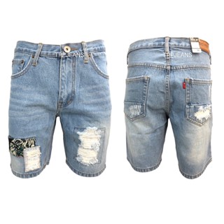 ๋JEANSEXPRESS MC Shorts Mens กางเกงยีนส์ขาสั้นชายสีบลูฟอกซีดแต่งปะขาดเซอร์ เป้าซิป Size 28-36