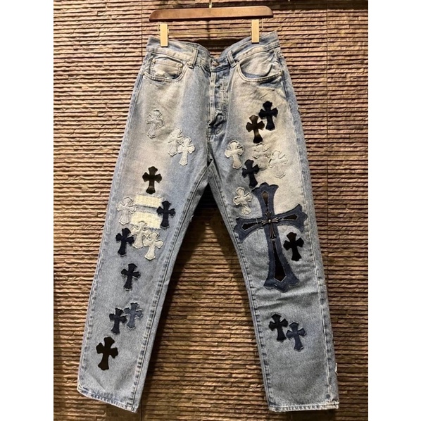 CHROME HEARTS X LEVI'S CROSS LEATHER PATCH VINTAGE DENIM JEANS IN BLUE กางเกงยีนส์ขกระบอก แบรนด์โครม