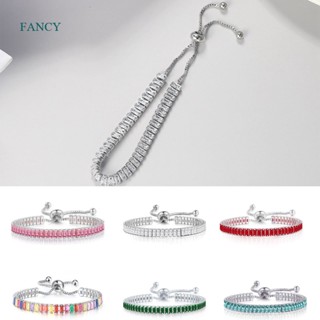 Fancy สร้อยข้อมือเทนนิส เรียบง่าย สําหรับผู้หญิง หรูหรา สี่เหลี่ยมผืนผ้า เพทาย สีเงิน ปรับได้ สร้อยข้อมือบนมือ เพื่อน ของขวัญ เครื่องประดับ