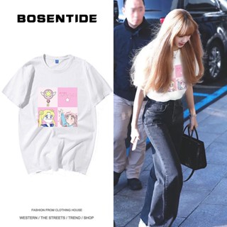 เสื้อยืดแขนสั้น ผ้าฝ้ายแท้ พิมพ์ลายการ์ตูน Lisa ทรงหลวม สีขาว แฟชั่นฤดูร้อน สไตล์เกาหลี สําหรับผู้หญิง